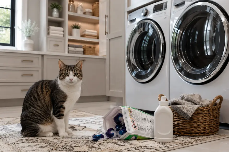 Tabby cat sitting in an upscale laundry room beside an open bag of detergent pods, front-loading washer and dryer, and a wicker basket of towels.