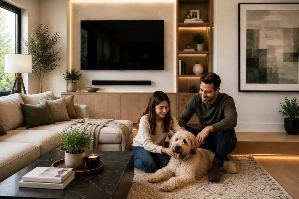 Upscale modern living room featuring a father and daughter spending time with a Soft-Coated Wheaten Terrier on a plush area rug. The bright, pet-friendly space showcases a large sectional sofa, custom wood cabinetry, integrated media wall, warm accent lighting, natural textures, and contemporary décor.