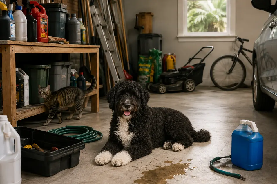 Garage with common pet safety hazards featuring a Portuguese Water Dog resting on the concrete floor and a tabby cat exploring nearby shelves. The space contains automotive fluids, cleaning chemicals, garden products, tools, a ladder, lawn equipment, and a parked vehicle, illustrating everyday garage dangers that can pose risks to curious pets.