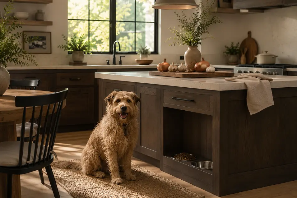 Goldendoodle sitting in a warm, modern kitchen beside a kitchen island with a built-in feeding station, featuring integrated food and water bowls and pet-friendly design.