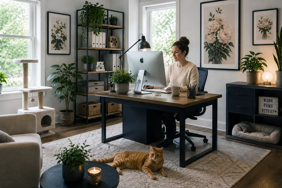 Bright pet-friendly home office featuring a woman working at a modern desk while an orange tabby cat relaxes on a soft area rug nearby. The stylish workspace includes floral wall art, abundant greenery, a cat tree, organized shelving, cozy pet sleeping nook, and large windows that fill the room with natural light.