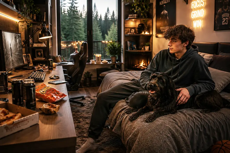 boy and dog on the bed