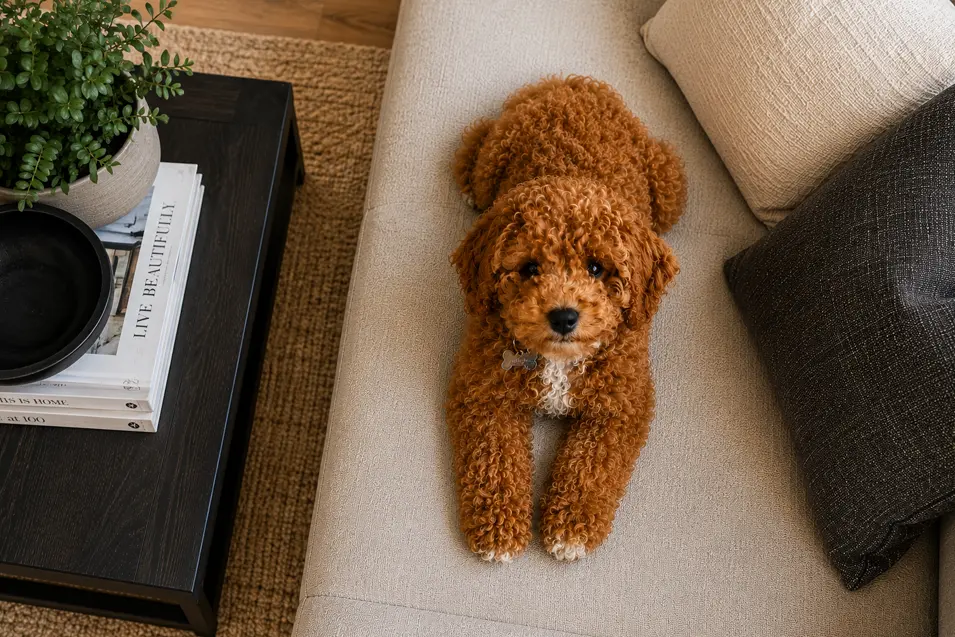 Curly-haired puppy viewed from above, relaxing on a modern beige sofa beside a coffee table in a bright, cozy living room with warm natural light.