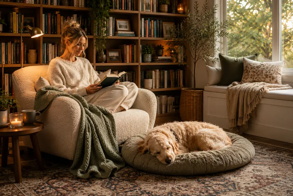 Blonde woman reading in a cozy armchair before a wall of bookshelves, while a sleeping dog rests nearby in a warm, inviting reading nook.