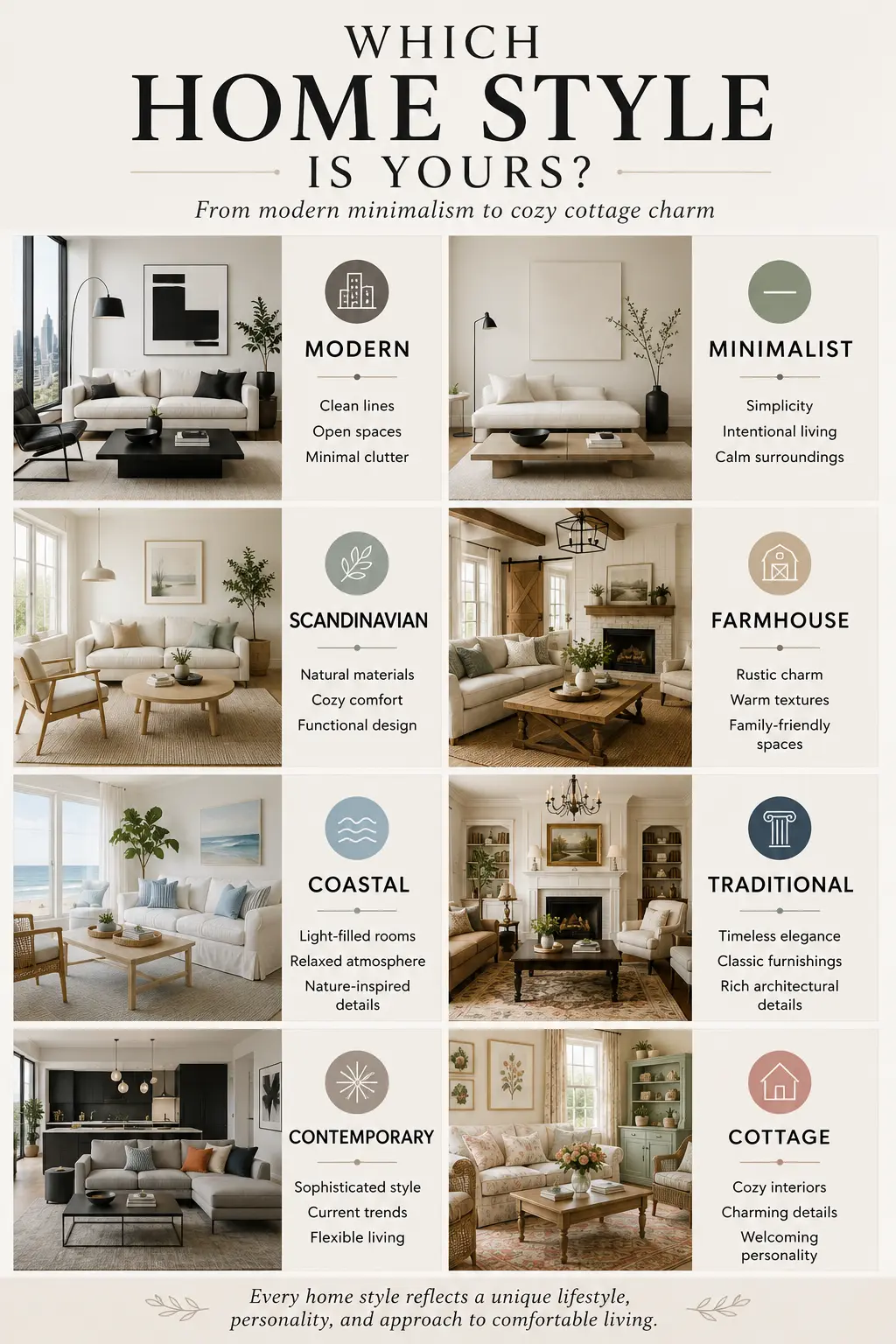 Infographic comparing eight popular home styles—Modern, Minimalist, Scandinavian, Farmhouse, Coastal, Traditional, Contemporary, and Cottage—with room examples and key traits.