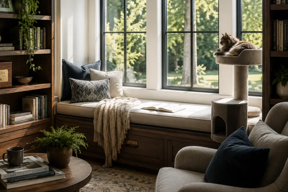 Sunlit home library with built-in bookshelves, a cushioned window seat, and a cat perched by the window in a warm, modern reading nook.