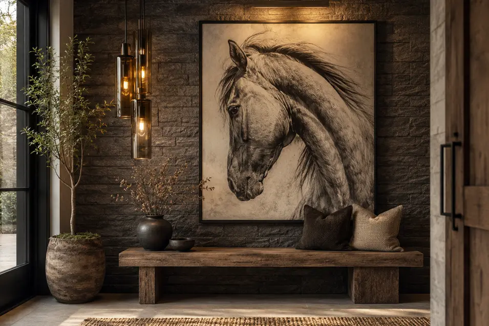 Modern rustic entryway with dark charcoal brick walls, oversized horse statement artwork, contemporary glass pendant lighting, and a chunky reclaimed wood bench beneath.