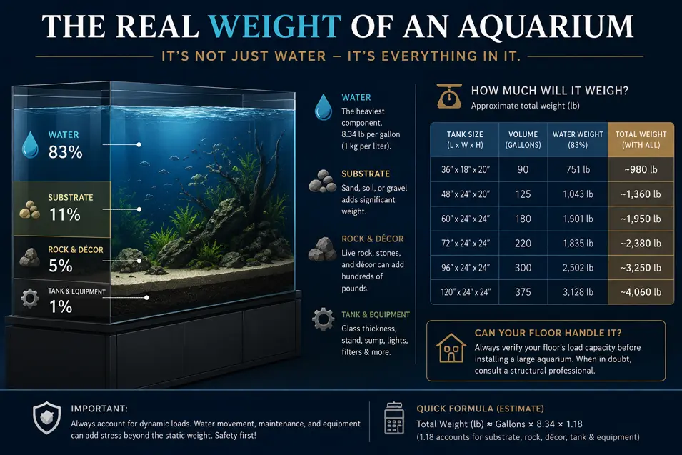 Aquarium weight infographic showing how water, substrate, rocks, and equipment contribute to total tank weight, with size comparisons and floor load guidance.