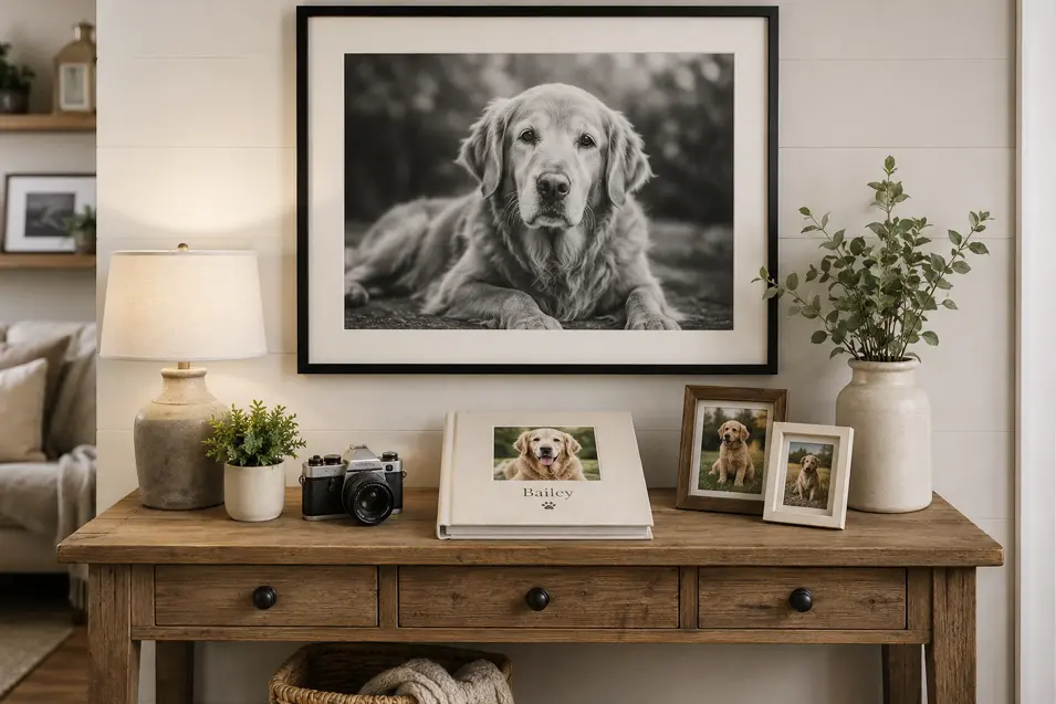 Modern farmhouse console table with a camera, dog photo album, framed pet photos, and a large black-and-white portrait honoring an older dog.