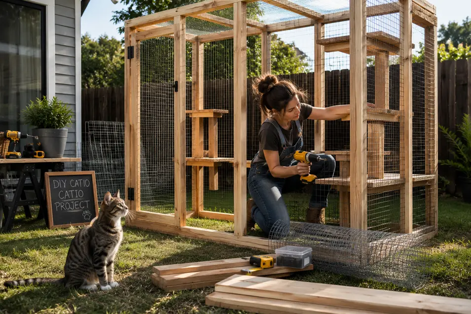 Homeowner building a wooden catio frame in a backyard while a curious cat watches nearby, with wire mesh, lumber, and climbing shelves showing DIY progress.