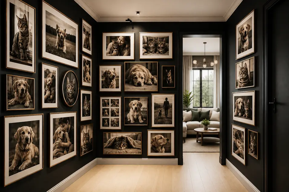 Moody black hallway gallery with framed cat, dog, and pet-owner portraits, light maple floors, and a bright modern lounge beyond.
