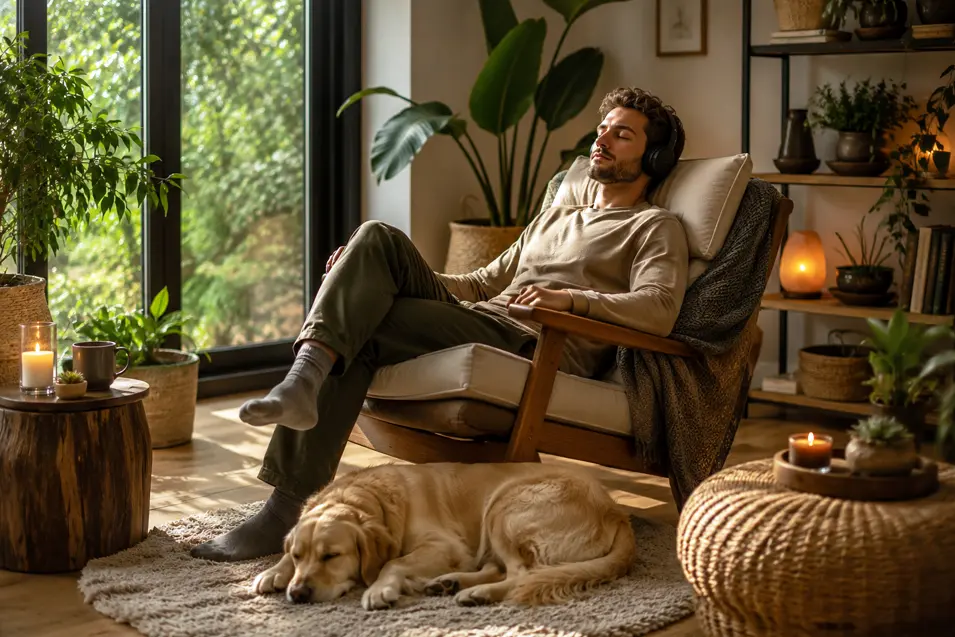 Man relaxing in a cozy armchair with headphones on while listening to music, as a golden retriever sleeps nearby in a warm, plant-filled wellness room.