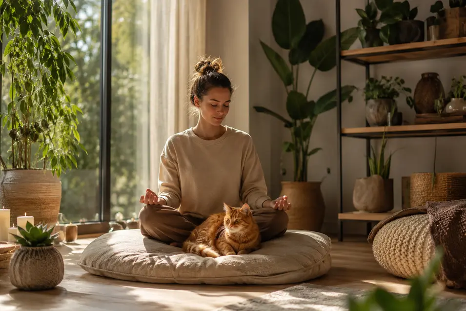 Woman meditating on a floor cushion in a sunlit wellness room with lush houseplants, warm natural decor, and a relaxed ginger cat beside her.