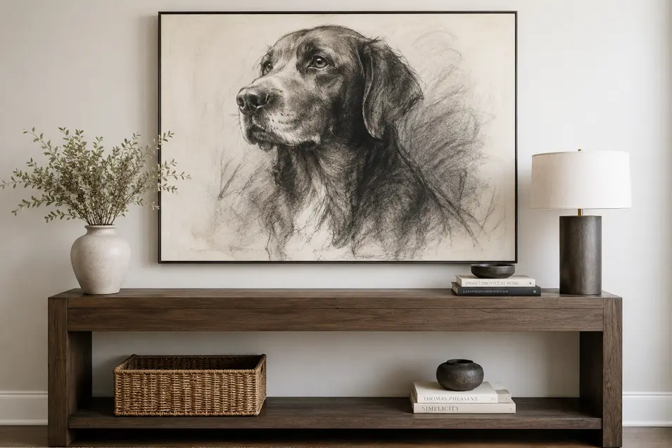 Photorealistic modern sofa table against a neutral wall, styled with decor and a large charcoal dog portrait above, creating an elegant focal point.