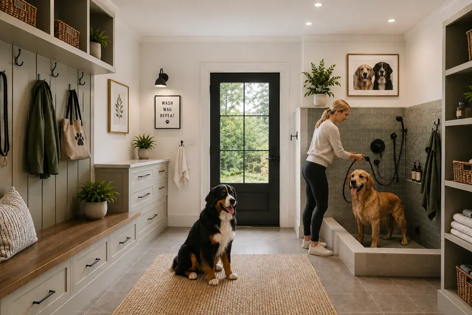 Bright mudroom with built-in storage, low-entry dog wash, blonde woman bathing a golden retriever, Bernese mountain dog nearby, and framed dog artwork.