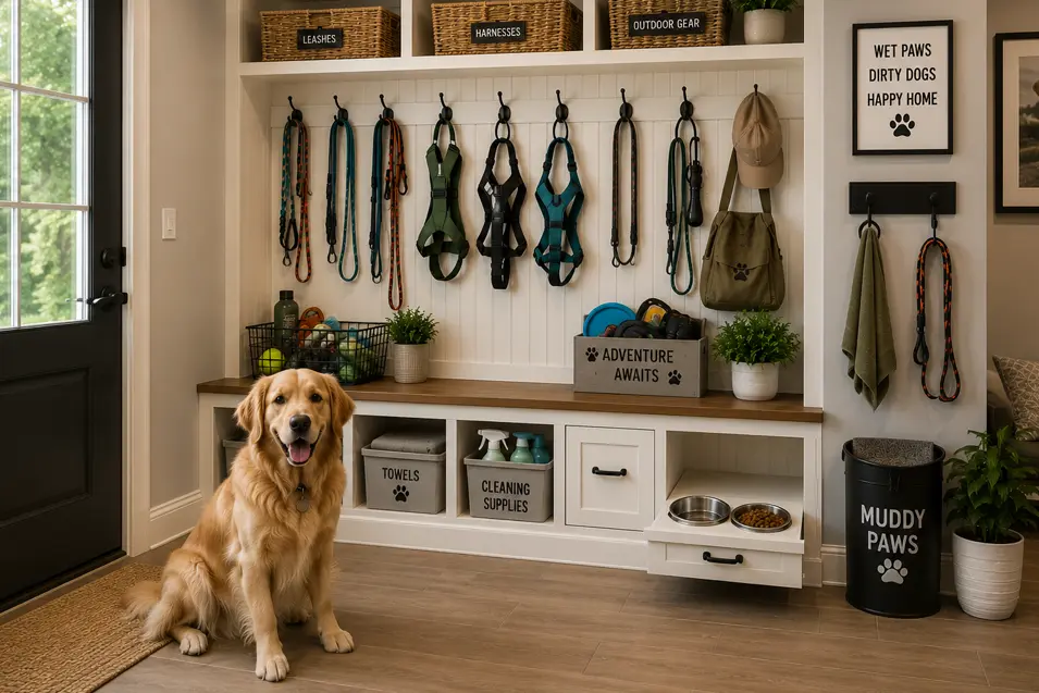 Pet-friendly mudroom organization featuring dedicated storage for leashes, harnesses, dog toys, towels, and outdoor gear, with a golden retriever in a functional entryway space.