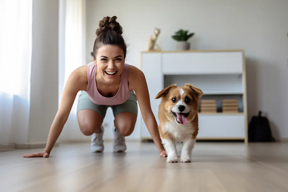 A smiling person in athletic wear is exercising on a light wood floor in a bright living room, positioned in a crawling stance beside a small brown-and-white dog with its tongue out. Large windows provide natural light, and a modern cabinet and houseplants are visible in the background.