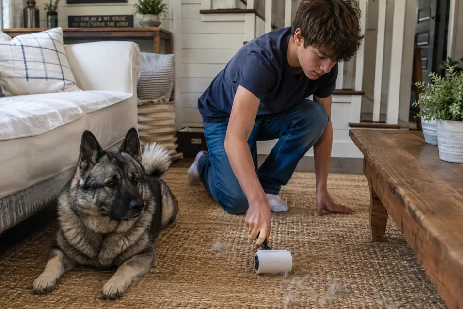Teenage boy using a lint roller to remove pet hair from a woven rug in a bright farmhouse-style living room while a Norwegian Elkhound lies nearby, showcasing a clean and pet-friendly home environment.