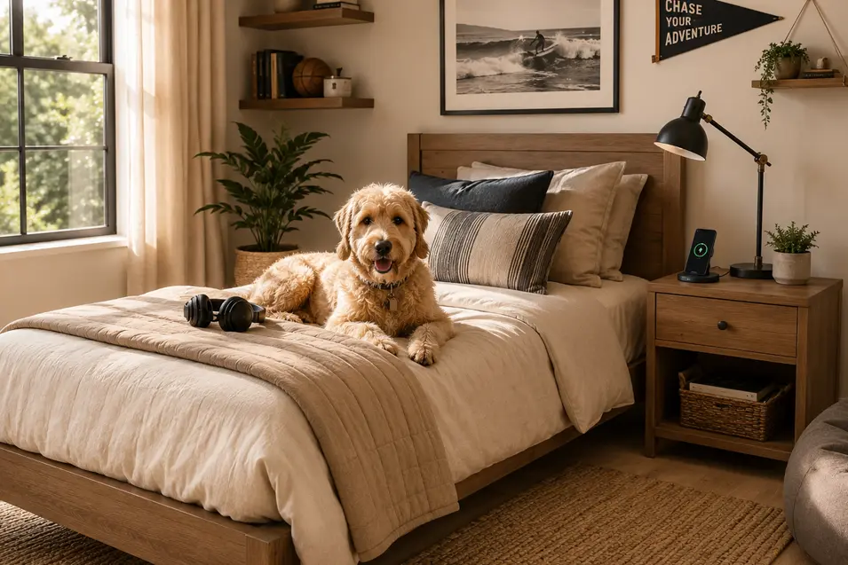 Goldendoodle relaxing on a neatly made bed in a cozy bedroom with wood furniture, decorative pillows, and a wireless charging station on the nightstand.