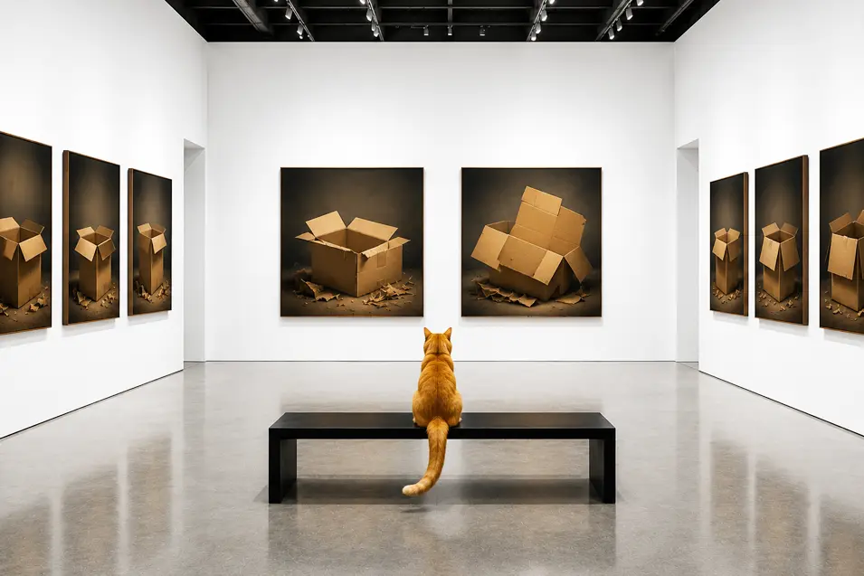 Bright industrial gallery with white walls, an orange cat on a black bench, and striking cardboard box artworks in a clean, minimalist museum setting.