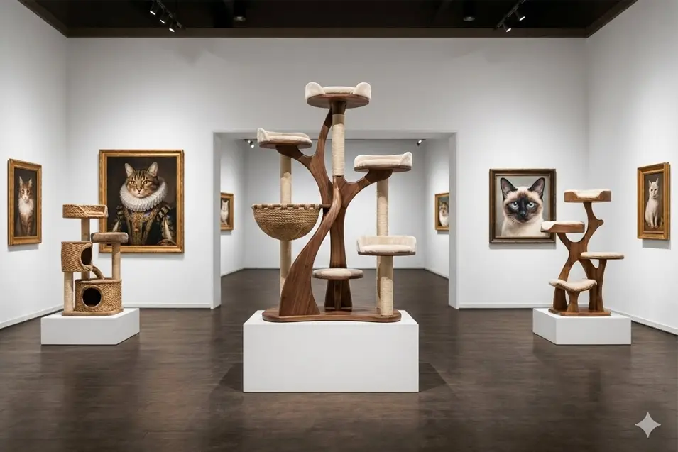 Modern gallery showcasing designer cat trees as sculptures, surrounded by elegant feline portraits on crisp white walls with minimalist museum lighting.