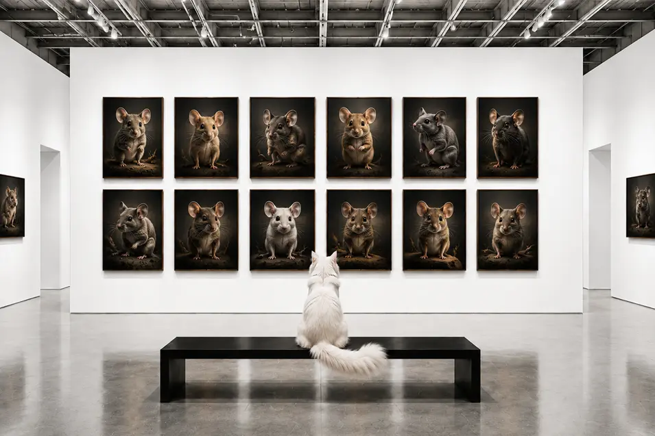 Bright industrial gallery with white walls, a Maine Coon on a black bench, and twelve photorealistic mouse portraits in a modern museum setting.