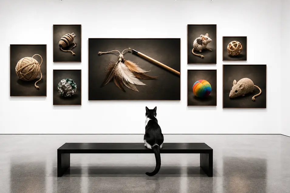 Bright industrial gallery with white walls, a tuxedo cat on a black bench, and photorealistic cat toy artwork in a clean, minimalist museum setting.