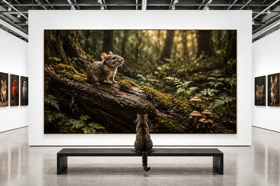 Bright industrial gallery with white walls, a cat on a steel bench, woodland mouse artwork, and photorealistic bird, rabbit and rat portraits.