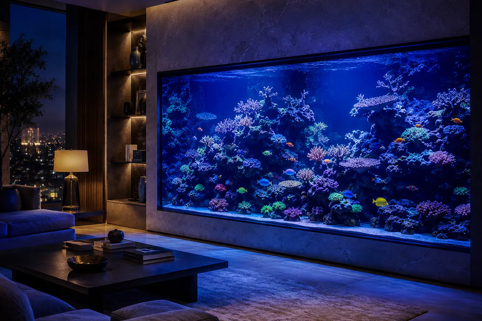 Modern aquarium lighting transforms the display into a dramatic nighttime showcase, where vivid colors, shifting shadows, and living reef life take center stage.