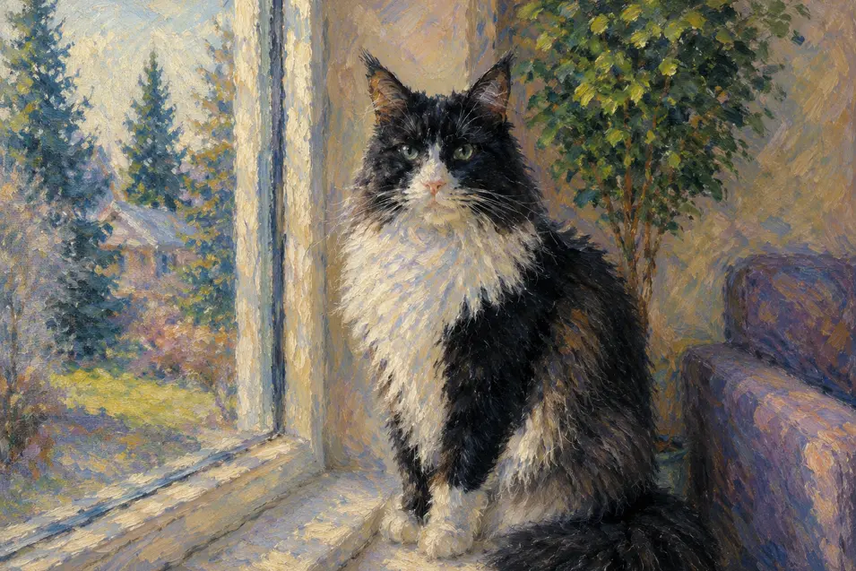 A black-and-white Maine Coon sits by a sunlit window, reimagined as an Impressionist painting with rich brushstrokes, soft light, and vibrant painterly textures.