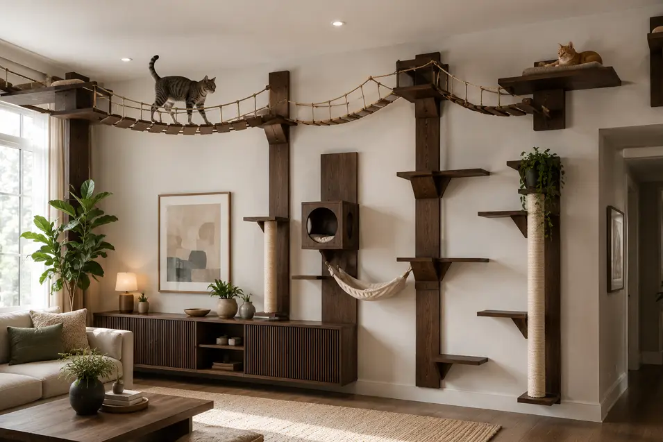 Dark walnut cat bridge system spans a living room wall, connecting shelves, hammocks and climbing posts as two cats explore elevated pathways.