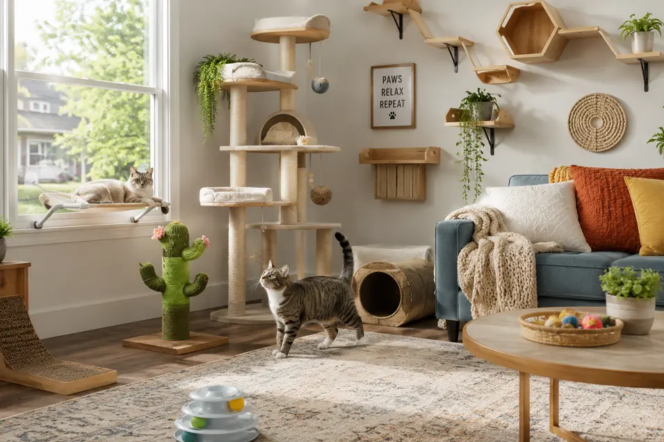 Bright cat-friendly living room with a cat tree, wall shelves, window perch, scratching posts, toys, and two indoor cats exploring and relaxing.