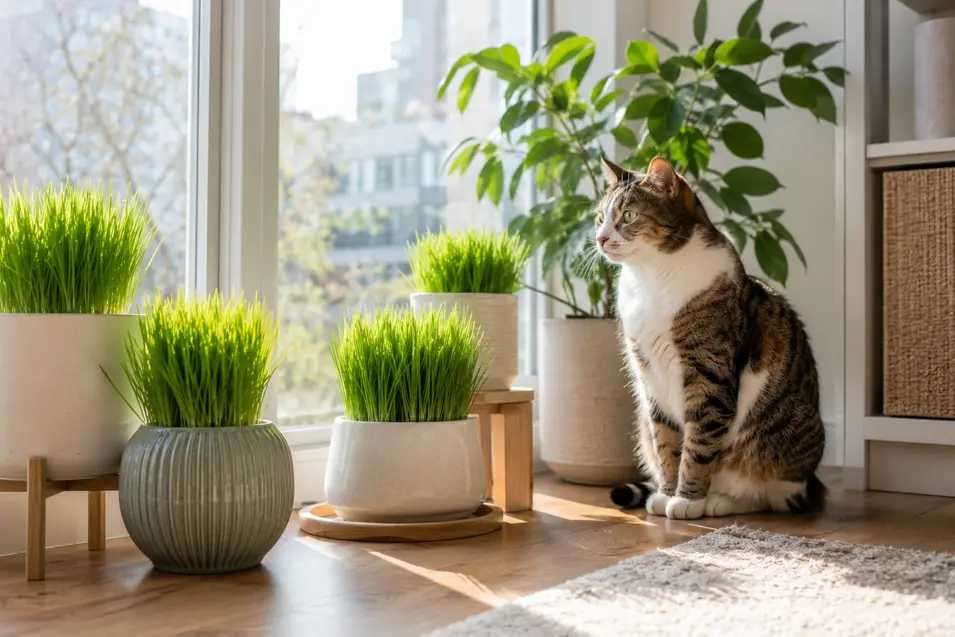 Small indoor cat garden with pots of fresh cat grass by a sunny window, while a tabby cat sits nearby in a bright modern apartment.