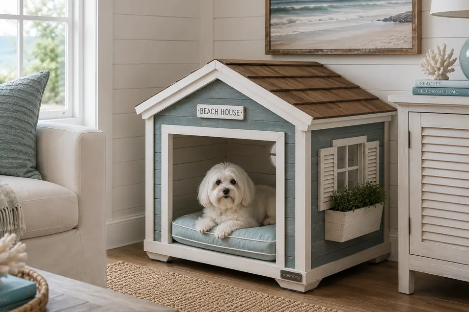 Coastal indoor dog house with blue shiplap, cedar shake roof, cottage shutters, and a plush cushion, featuring a relaxed Coton de Tulear.