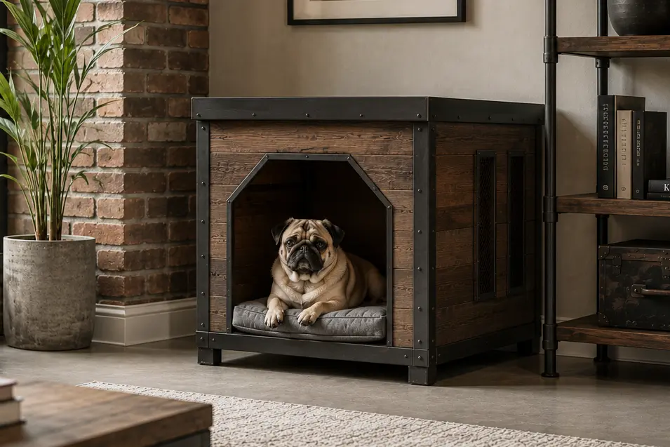 Industrial loft indoor dog house with reclaimed wood, black steel framing, mesh vents, and a plush cushion, featuring a relaxed Pug in a stylish loft.