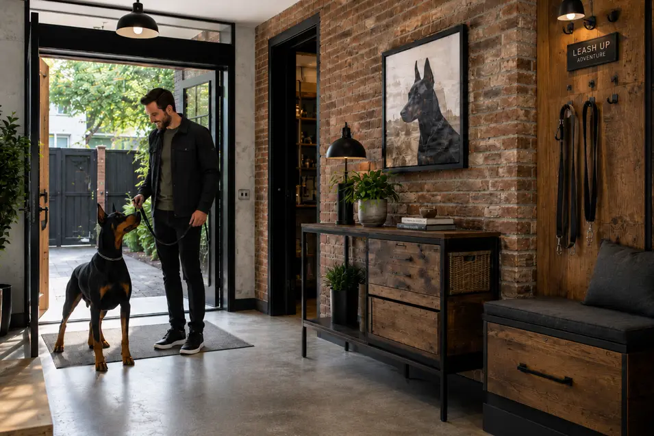 Industrial hallway with exposed brick, concrete floors, steel-framed family gallery wall, pet portraits, warm sconces, reclaimed wood accents, and a Doberman.