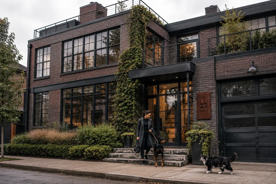 Industrial-style pet-friendly home exterior with dark brick, steel-framed windows, lush landscaping, a woman walking her Doberman, and a Maine Coon cat.