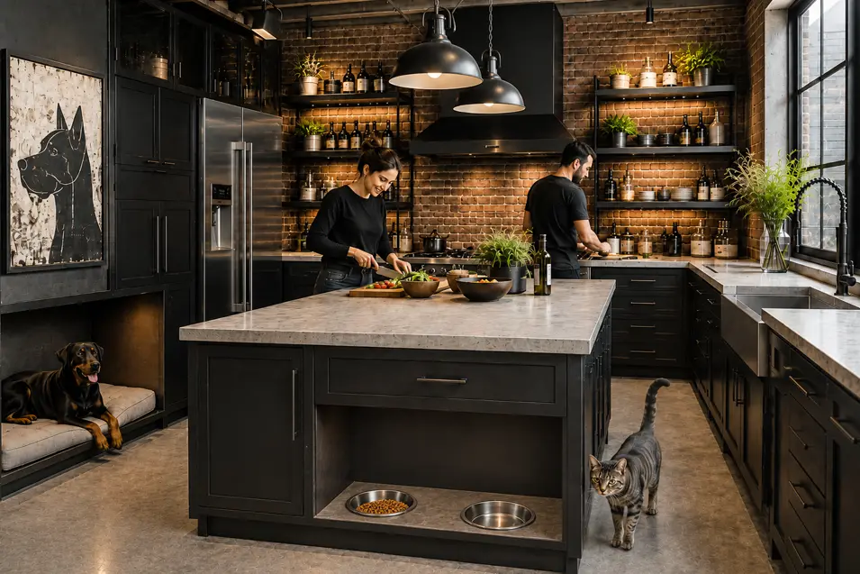 Industrial kitchen with matte black cabinetry, concrete countertops, brick backsplash, oversized island feeding station, pet nook, and a couple cooking with their cat nearby.
