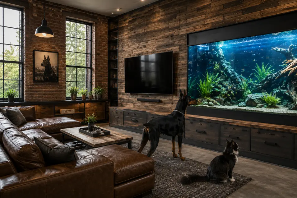 Industrial living room with exposed brick, reclaimed wood media wall, leather sectional, built-in aquarium, hidden cat nook, storage cabinetry, and pets watching fish.