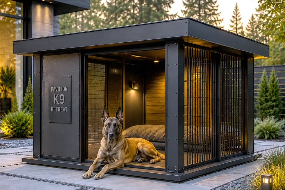 Luxury industrial steel and wood dog house with designer lighting, featuring a loyal Belgian Malinois relaxing beside a sleek modern home at sunset.