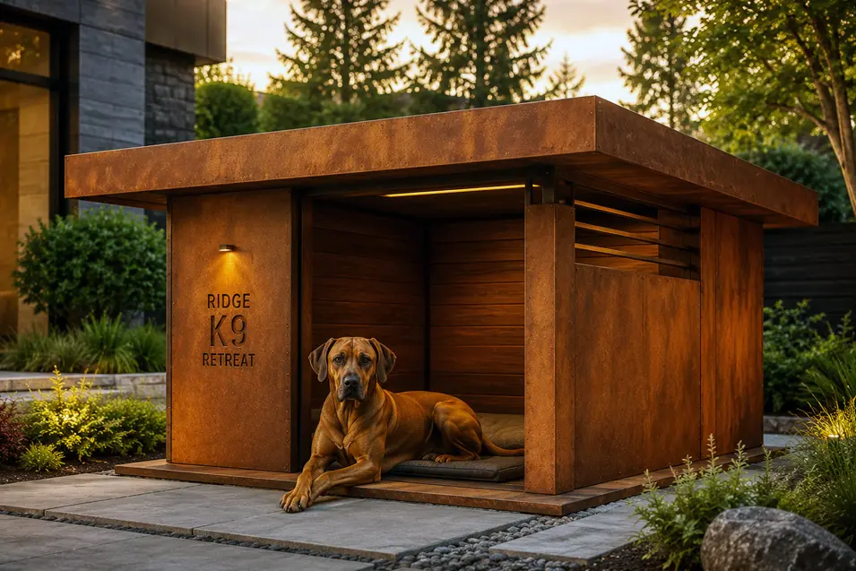 Luxury industrial steel dog house with warm wood interior and designer lighting, featuring a majestic Rhodesian Ridgeback in a beautifully landscaped modern backyard.