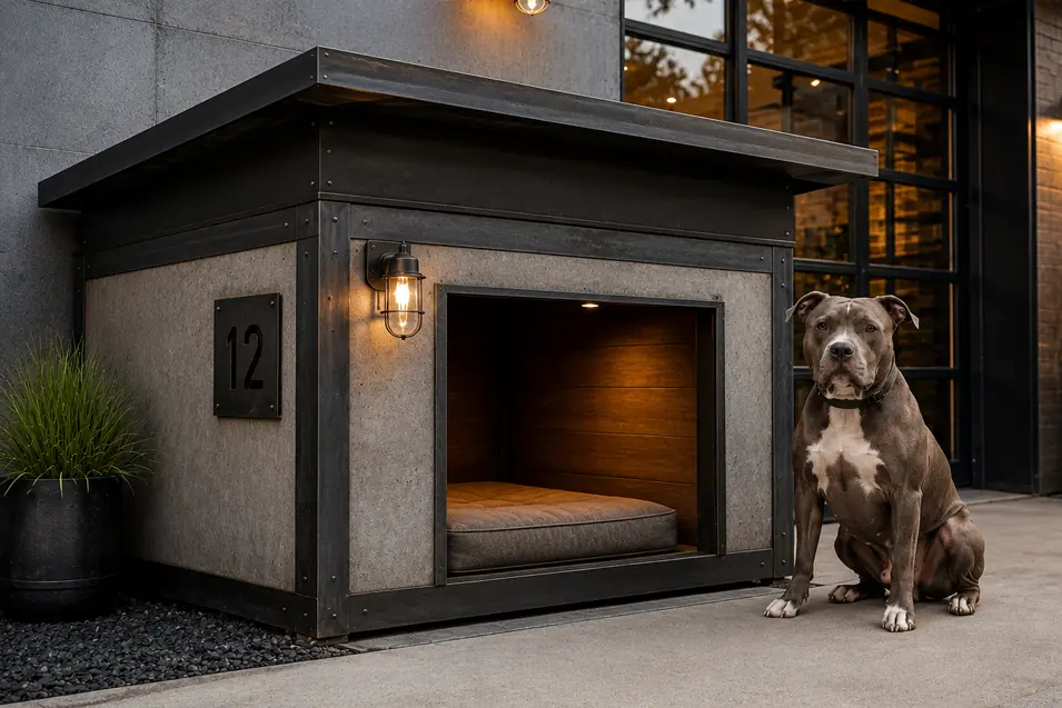 Luxury industrial concrete and steel dog house with warm lighting beside a modern home, featuring a muscular Pit Bull relaxing in a high-end designer backyard.