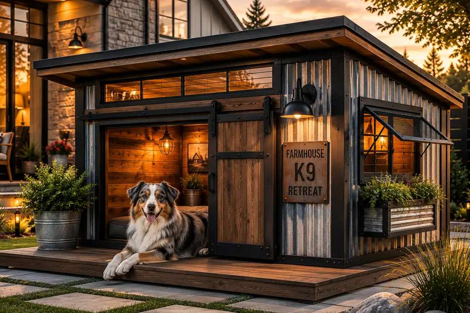 Luxury industrial farmhouse dog house with steel, wood, and designer lighting, featuring a happy Australian Shepherd in a beautifully landscaped backyard.