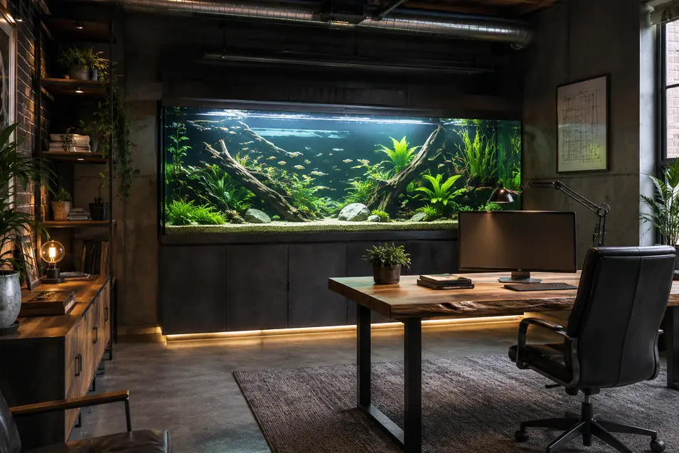 Industrial home office with a large built-in aquarium as the focal point, featuring exposed materials, dark finishes, modern furnishings and lush aquatic plants.