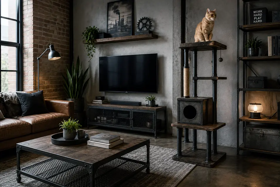 Industrial-style living room with exposed brick, leather furniture, and a custom metal-and-wood cat tree, where a light brown cat perches above the room.
