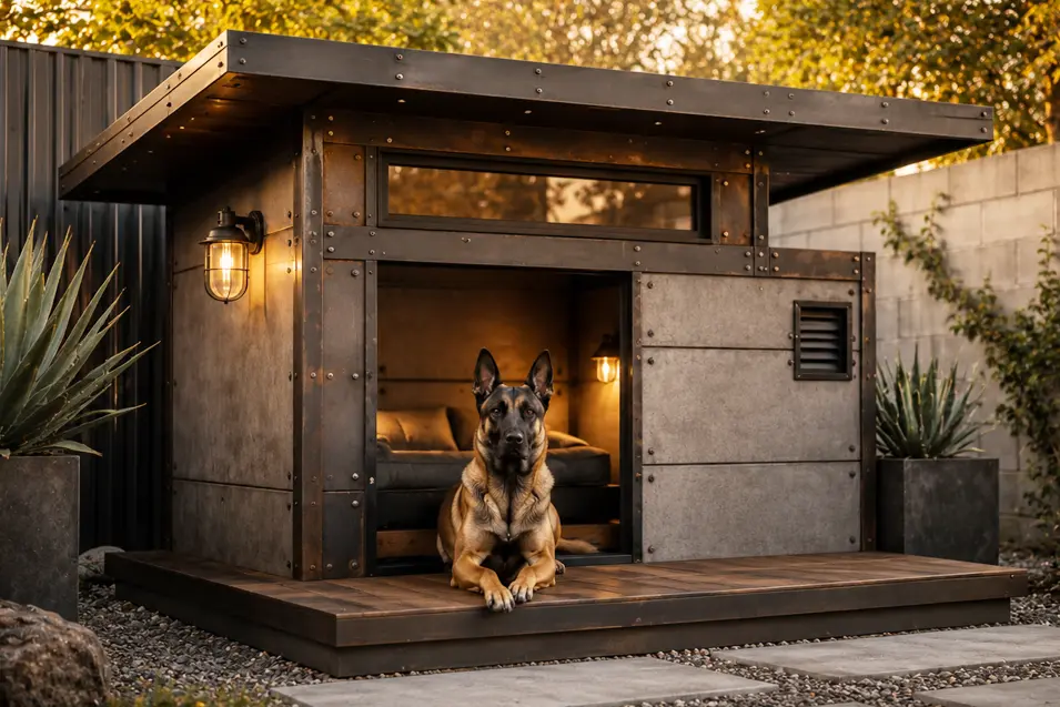 Industrial modern dog house with steel panels, riveted details, warm lighting, and a spacious deck, featuring a loyal Belgian Malinois at golden hour.