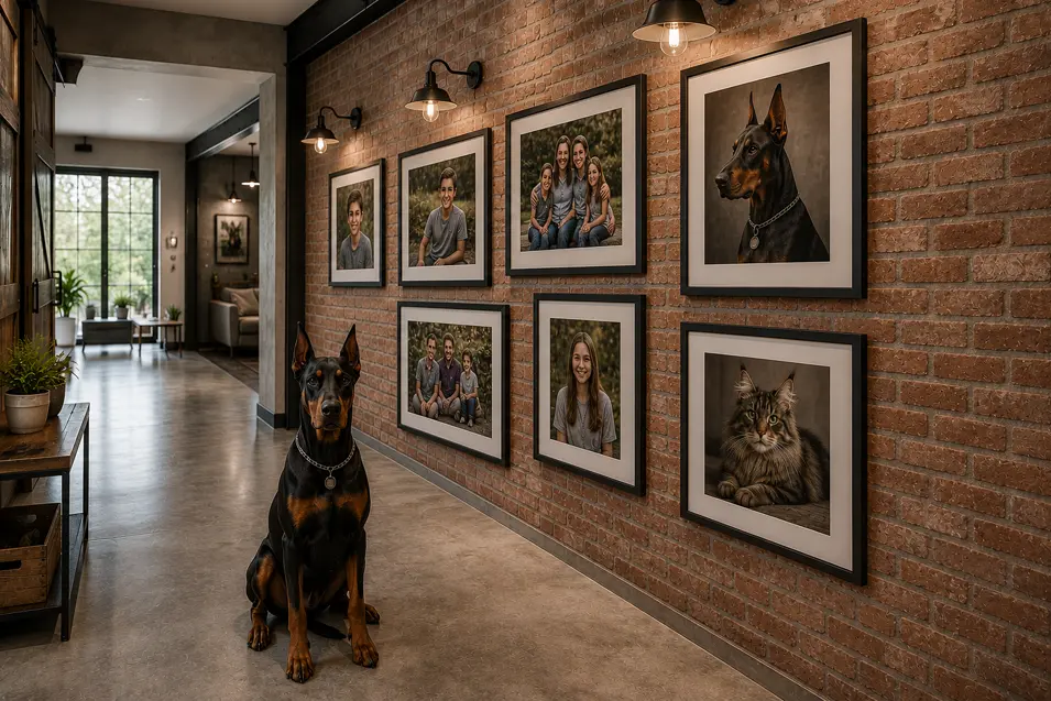 Industrial hallway with exposed brick, concrete floors, steel-framed gallery wall, family portraits, Doberman and Maine Coon artwork, and warm sconces.