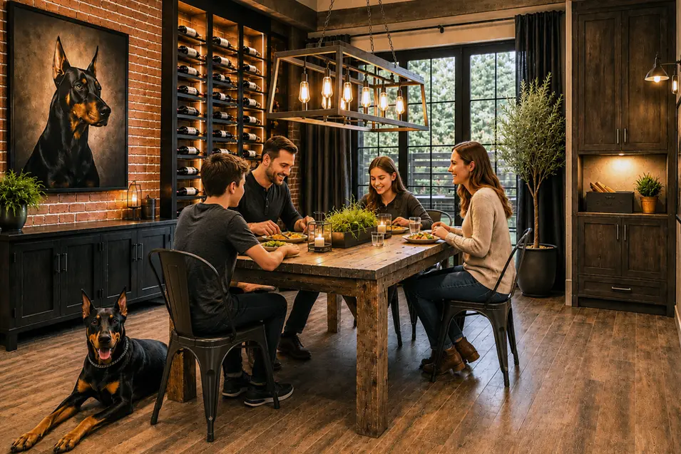 Industrial dining room with exposed brick, wine display, reclaimed wood table, steel chandelier, and a family of four dining beside their Doberman.