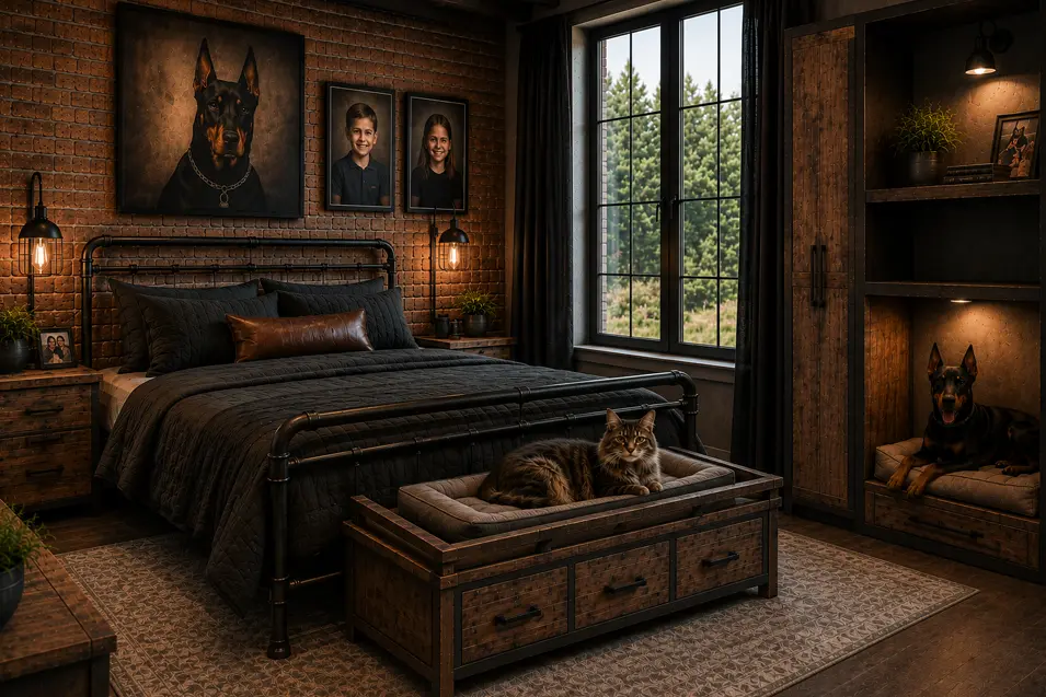 Industrial bedroom with exposed brick, steel bed, reclaimed wood furniture, pet portrait gallery, built-in Doberman nook, and a Maine Coon resting in a custom bench bed.