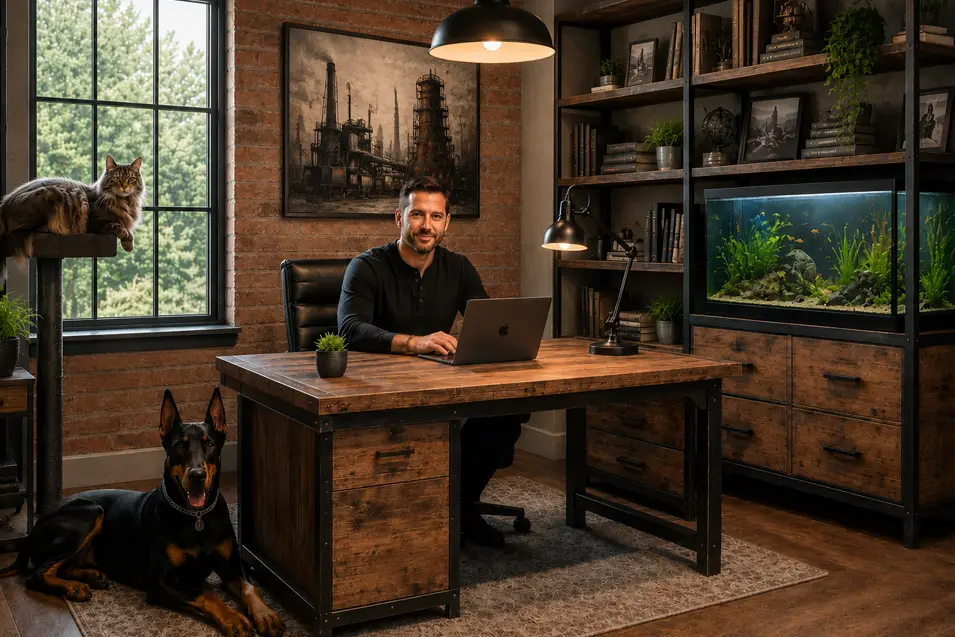 Industrial home office with reclaimed wood desk, steel bookshelves, exposed brick, aquarium, window cat perch, pet artwork, and a Doberman beside a man working.